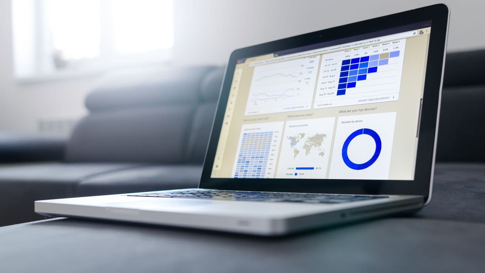 A sleek laptop showcasing financial data analytics and graphs used for AI-assisted bookkeeping